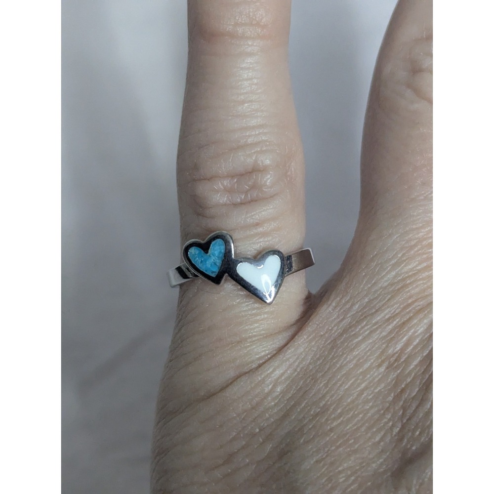 Double Heart turquoise white inlay Womens silver ring 8 Valentines Anniversary